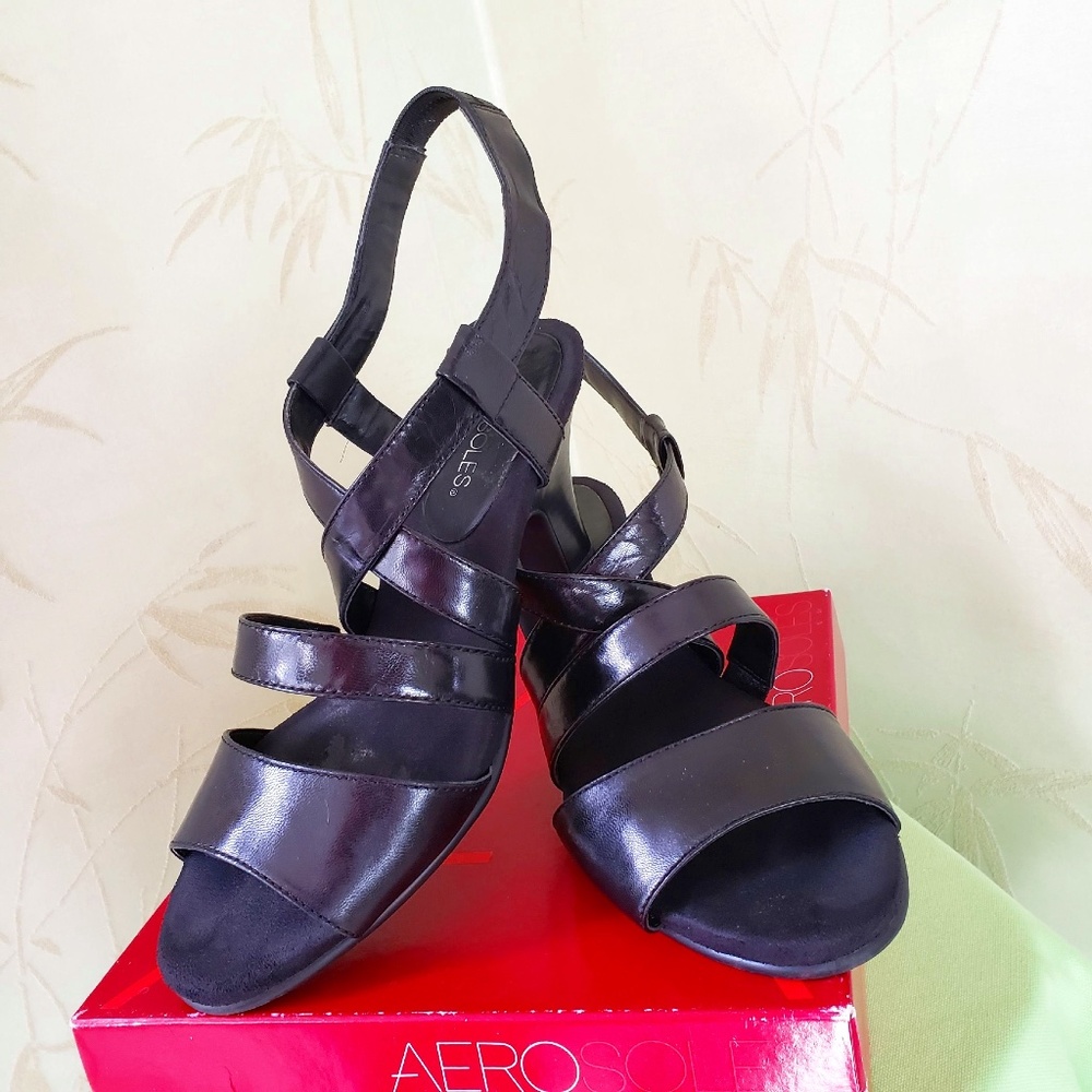 AEROSOLES WOMEN'S STRAPPY SANDALS SHOES:PRE-OWNED BLACK LEATHER SIZE:8 1/2